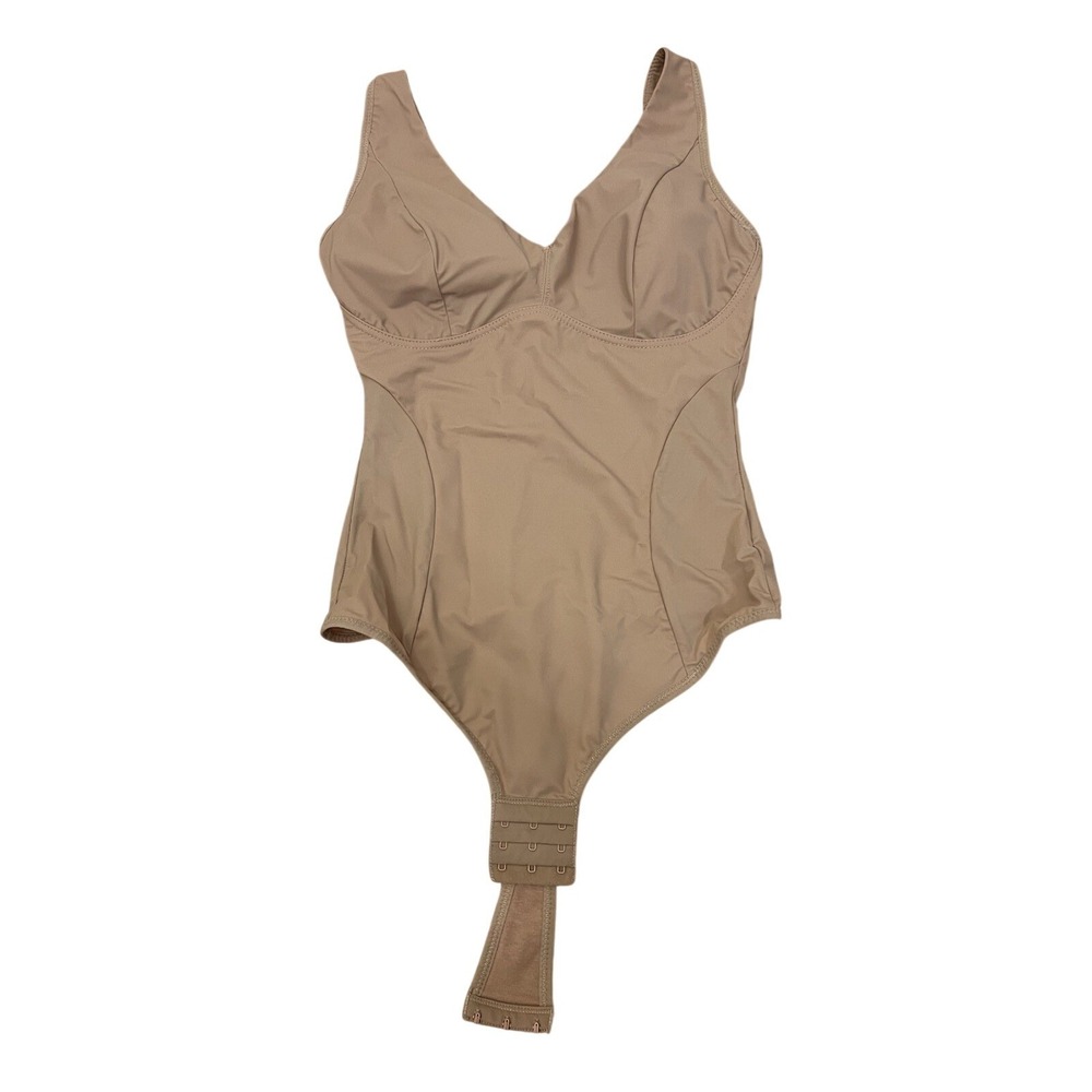 Tan VNeck Shapewear Bodysuit Medium Adjustable Straps Thong Back Nude Base Layer